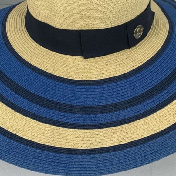 Draper James Create & Barrel Wide Brim Blue Beige Stripe Sun Hat NWT - Picture 9 of 9
